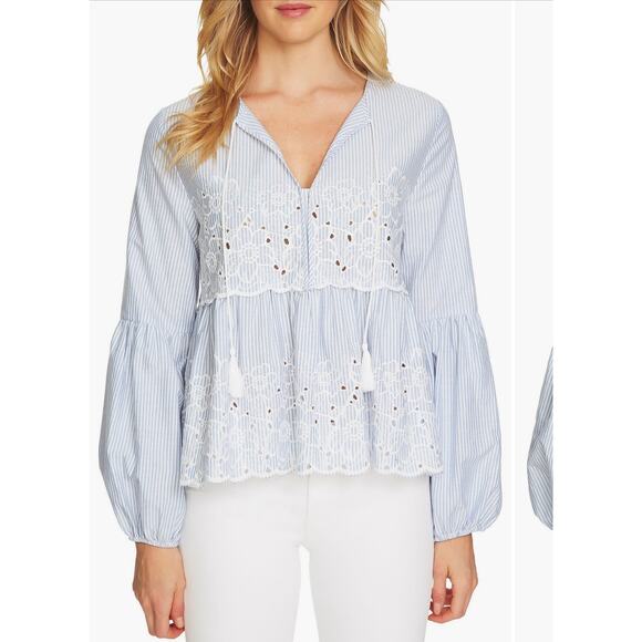 Blue and White Stripe Cece Balloon Sleeve Embroidered Top - Size Small - Picture 1 of 11